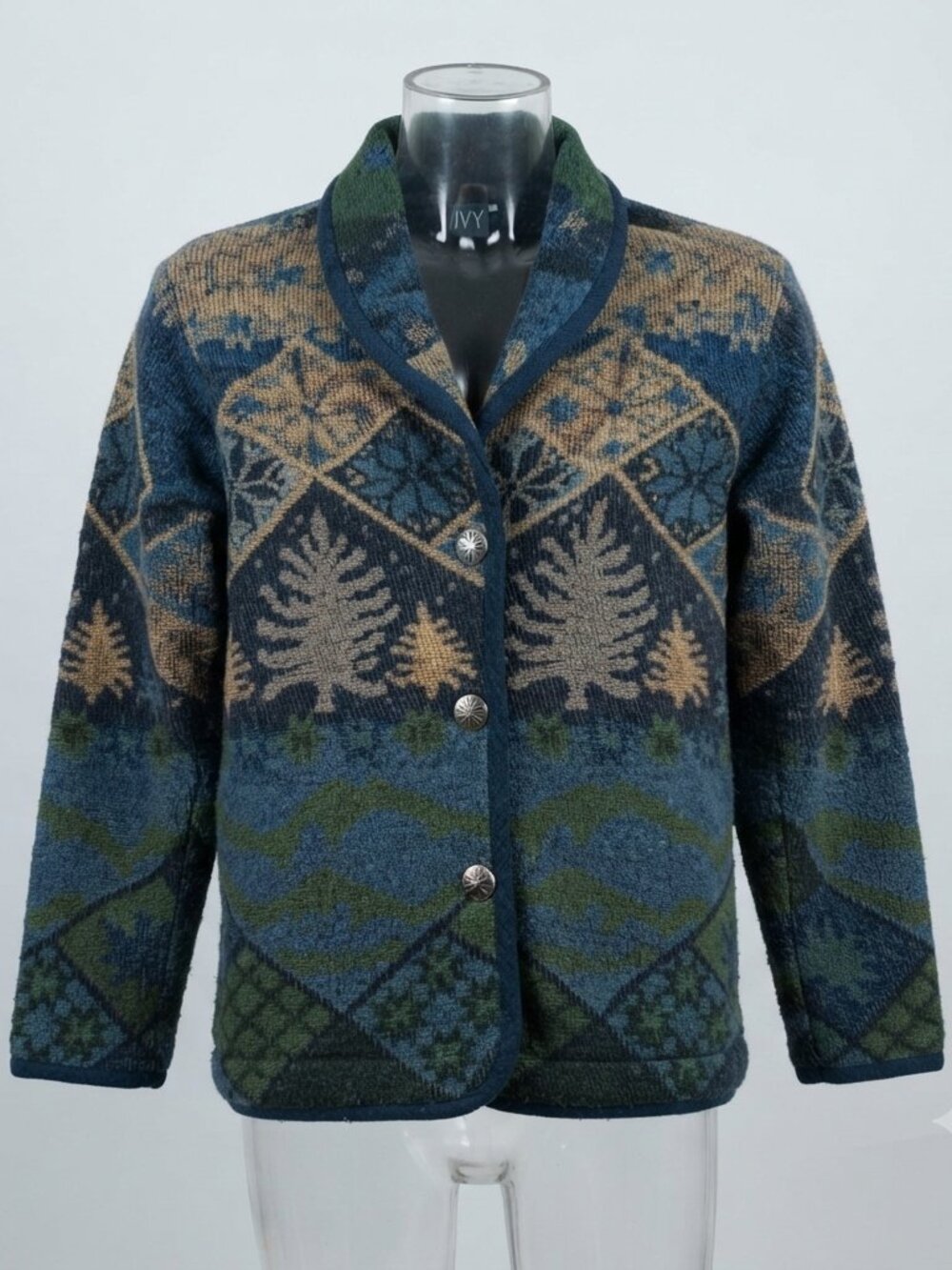 Ivy Blue Green Evergreen Mountain Pattern Cardigan Small grandpa cottagecore